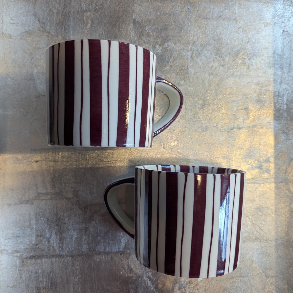 Noon & Moon Striped Ceramic Mugs - Burgundy and White Designer